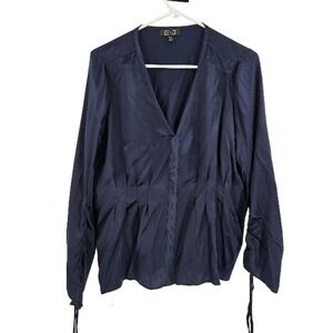 AYR Blouse Navy Blue Silk Button Down Ruched Front Tie Long Cuff Sleeves Size M